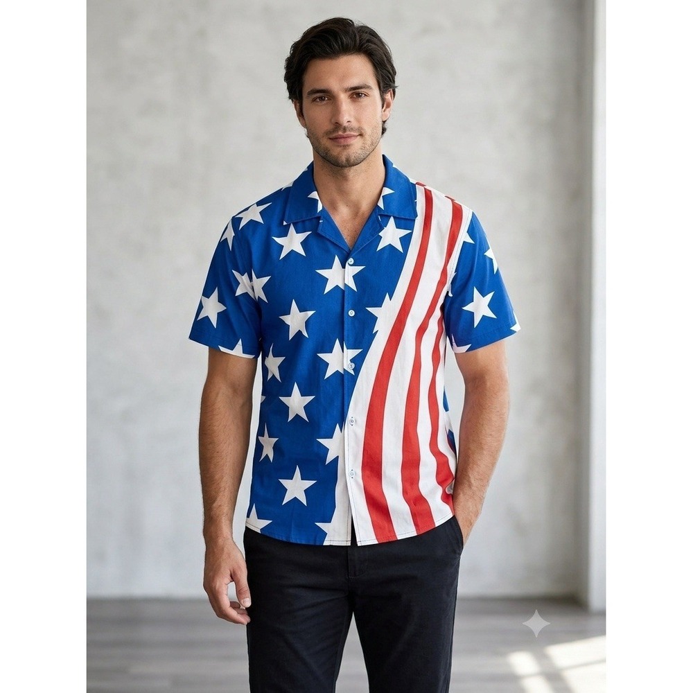 American Flag 4th Of July Button Down Short Sleeve Shirt Red White & Blue Large